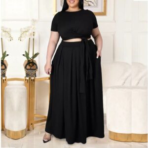 plus-size-two-piece-skirt-set-black-front-view-1