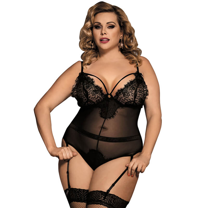 Women's Plus Size Corset Bustier Top With Thong Leather Lace